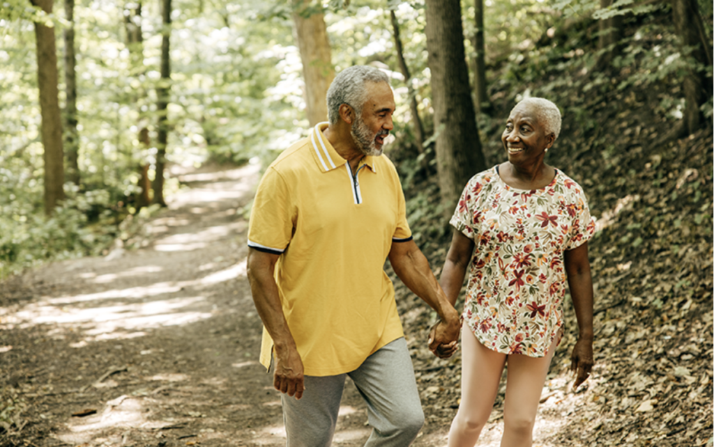 walking for seniors can include hiking, running errands or a stroll around the neighborhood