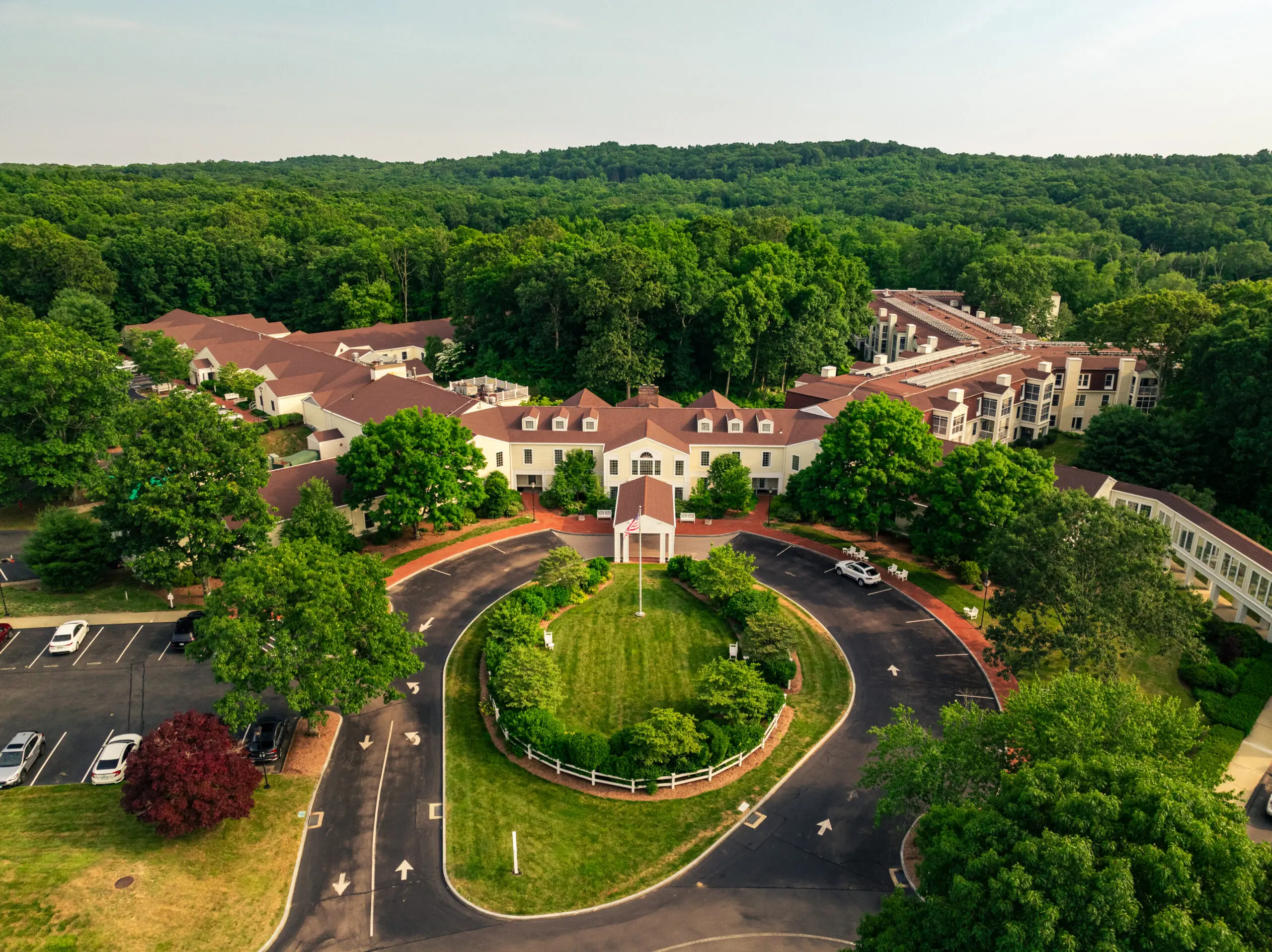 aerial view of the front of Essex Meadows, an LEED-Certified community, including its solar panels