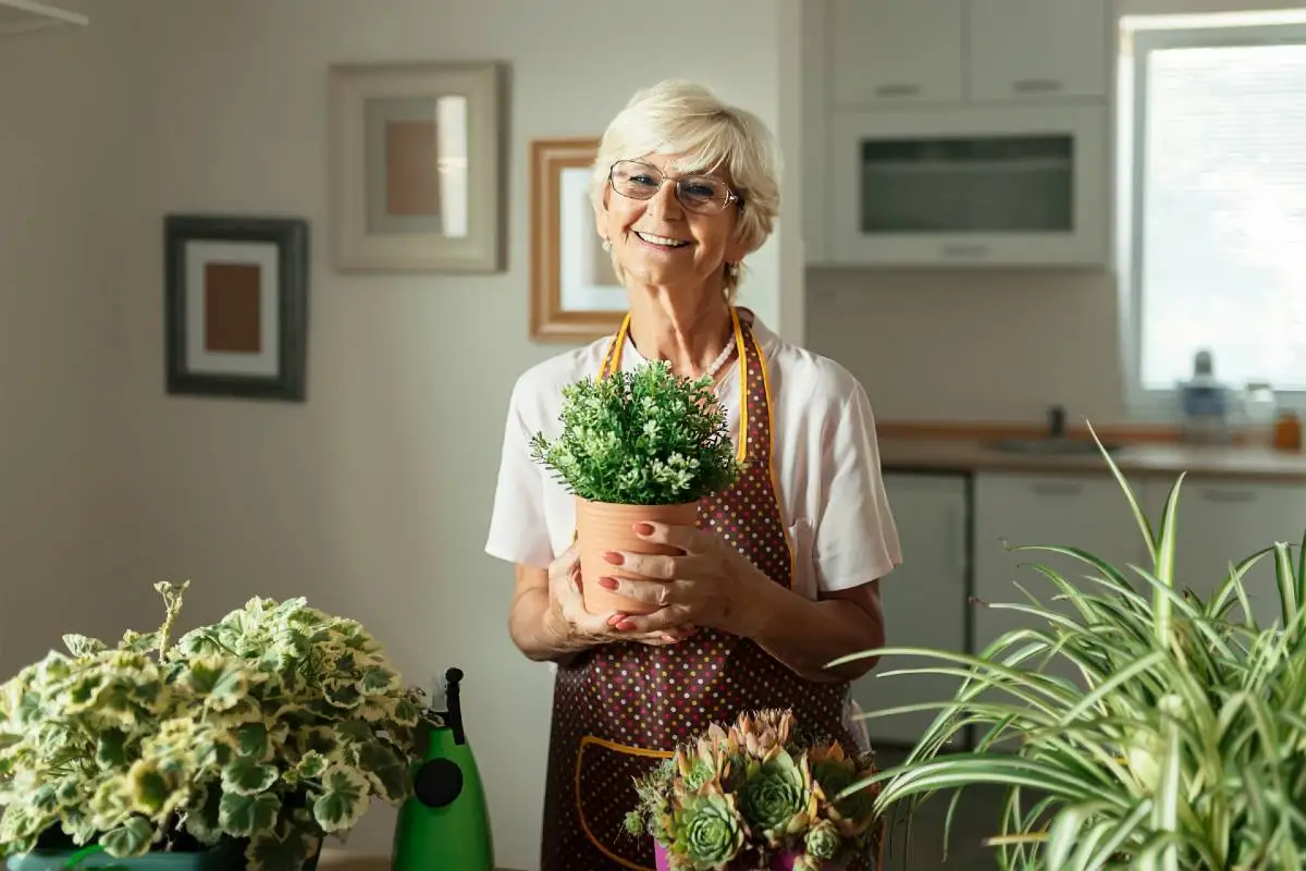 A senior woman holding a plant pot. Explore activities for Seniors with Limited Mobility at Essex Meadows.