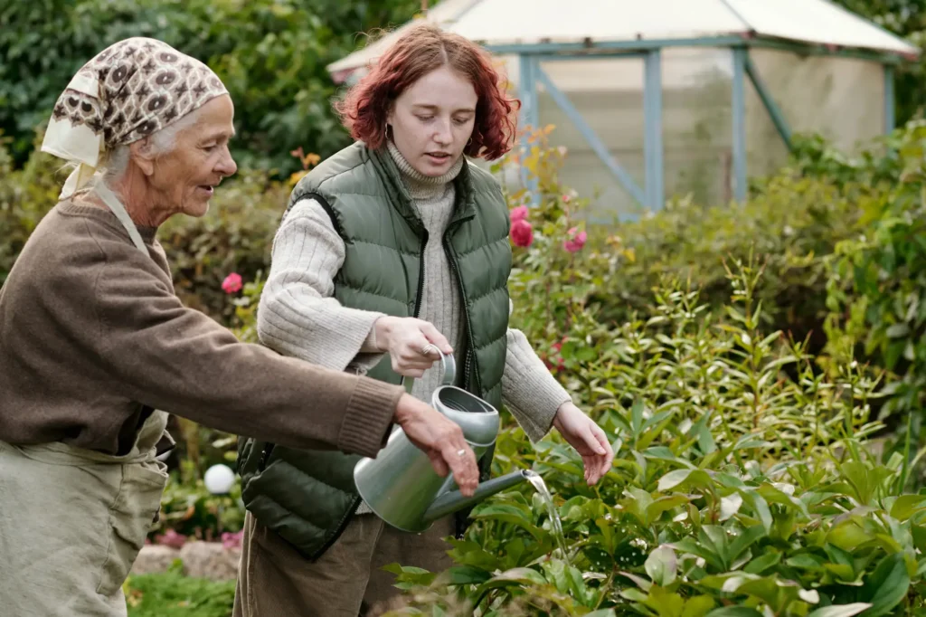 older grandchild and grandparent gardening as part of multigenerational summer activities in Essex, CT.